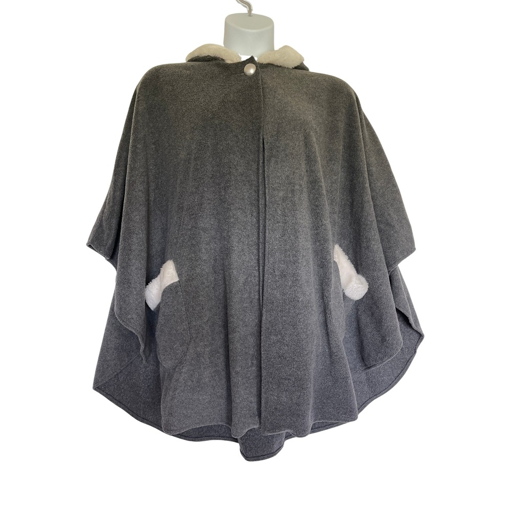 Le Moda Fleece Hooded Poncho Women OS Gray Faux Fur Trim Cozy Wrap Winter Office
